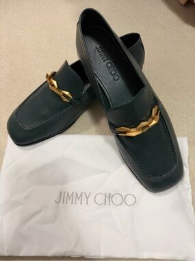 Jimmy Choo Women’s Forest Green Leather Loafers with Gold Chain